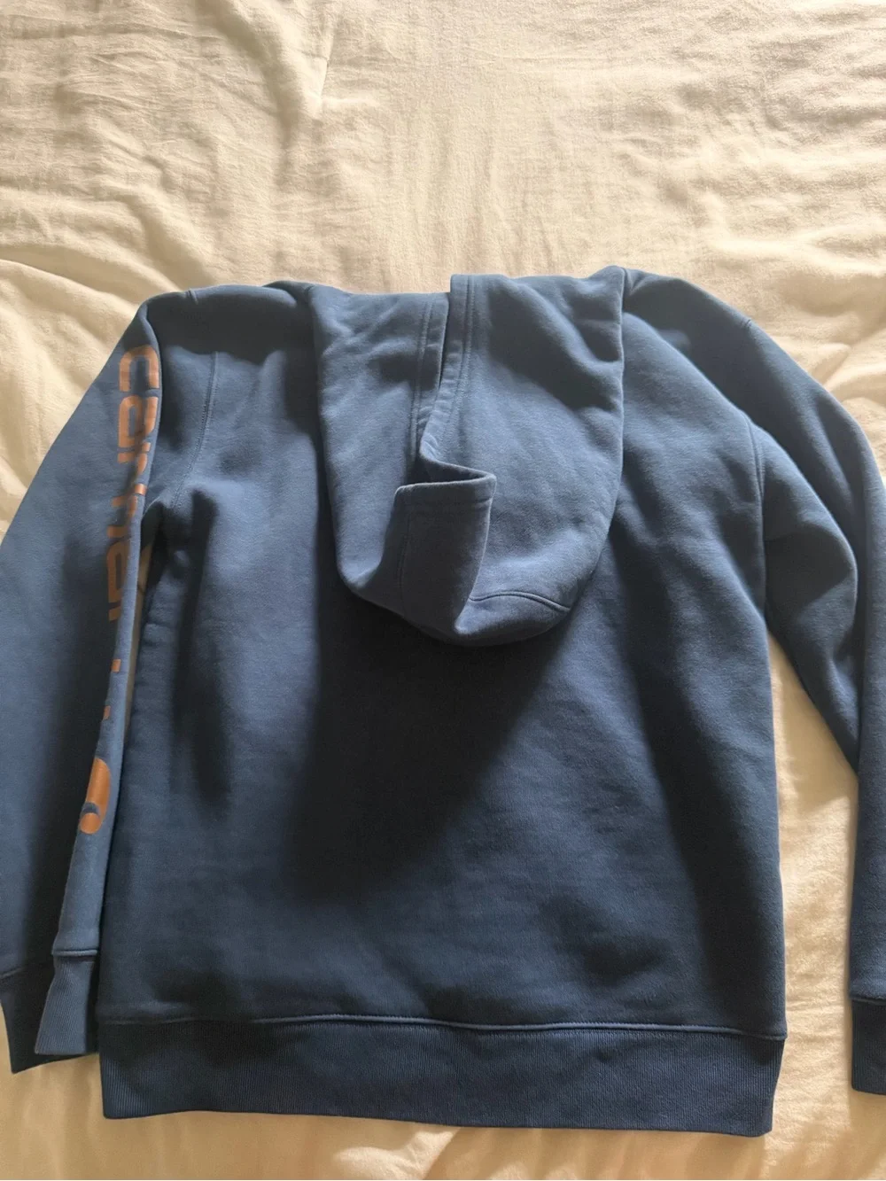 Carhartt Men's Navy Blue Hoodie with Tan Sleeve Logo